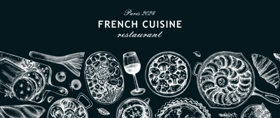 French cuisine restaurant banner. Traditional food from France sketches on chalkboard. European food background, menu design template. Hand-drawn fvector illustration, NOT AI generated